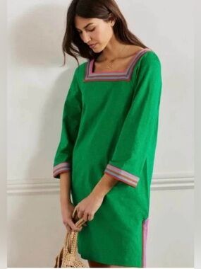 Boden Green Embroidered Slub Jersey Tunic Dress
